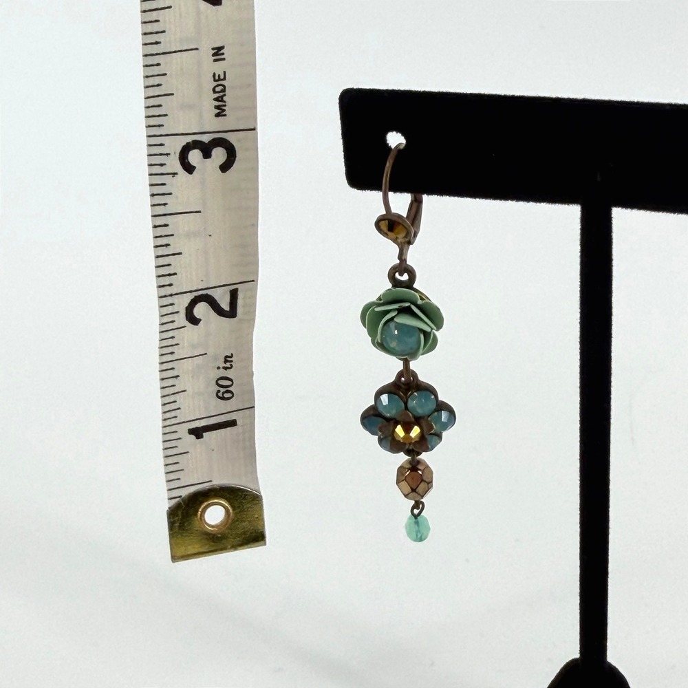Michal Negrin Rose Floral Drop Earrings Green Blue Crystal Brass Leverback - Picture 5 of 8